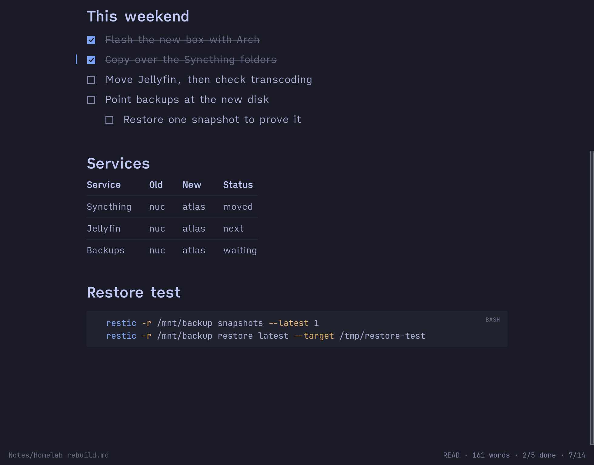 Further down the note: the checklist, a four-column table of services with hairlines between rows, and a highlighted bash code block.