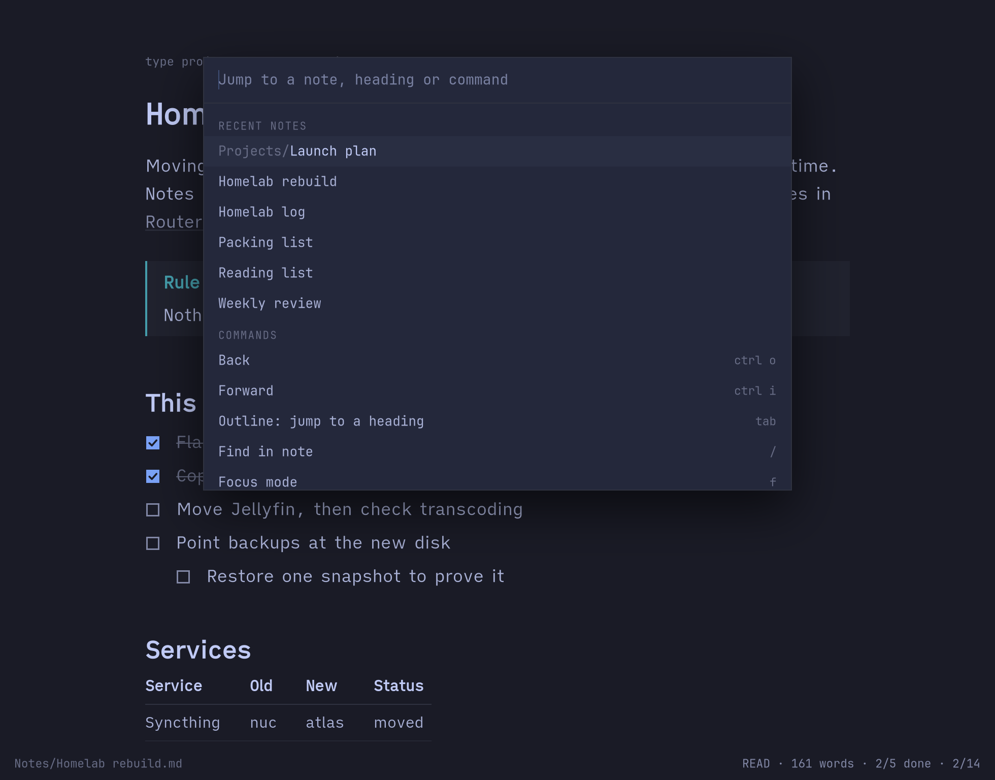 The palette over a note, listing recent notes and then commands with their keys: Back ctrl o, Forward ctrl i, Outline tab, Find /, Focus mode f.